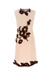 Prada Georgette Dress With Floral Appliqué And Tie Waist In Cacao