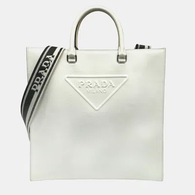 Pre-owned Prada Ivory Leather Logo Drill Tote Bag In White