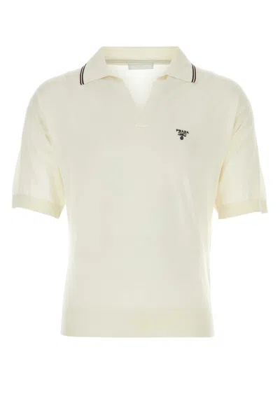 Prada Man Ivory Silk Blend Polo Shirt In White