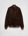 Prada Suede Bomber Jacket In Dark Brown
