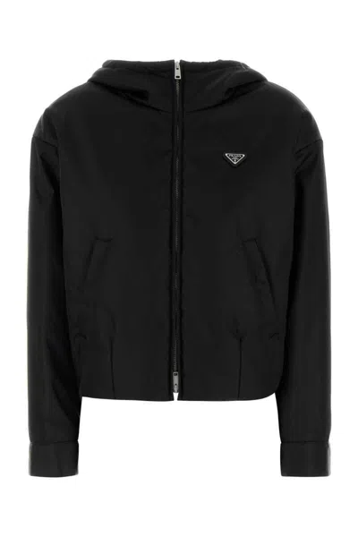 Prada Nylon Padded Jacket With Hood And Elasticated Hem In Black