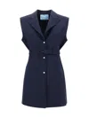 Prada Wool Vest With Belted Waist And Notched Lapels In Blue