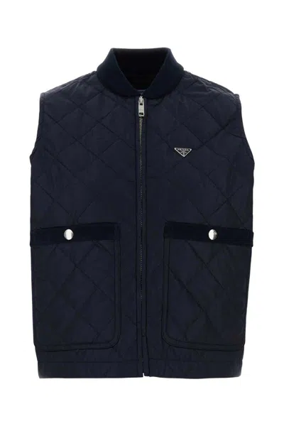 Prada Re Nylon Sleeveless Jacket Quilted Ribbed Collar In Blue