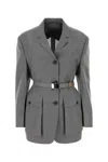 Prada Button-up Belted Jacket In Grey