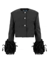 Prada Mat Feather-cuff Cropped Jacket With Crystal Buttons In Grey