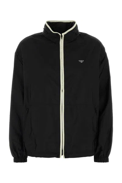Prada Renylon Windbreaker High Collar Elastic Cuffs In Black
