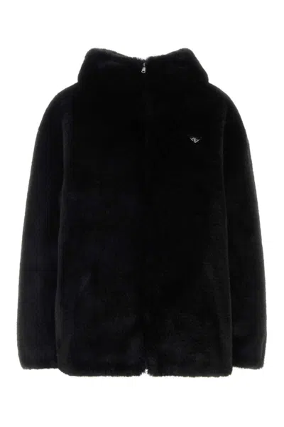 Prada Reversible Eco Fur Hooded Jacket In Black