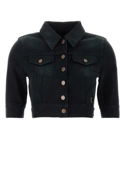 Prada Triangle Logo Cropped Denim Shirt In Black