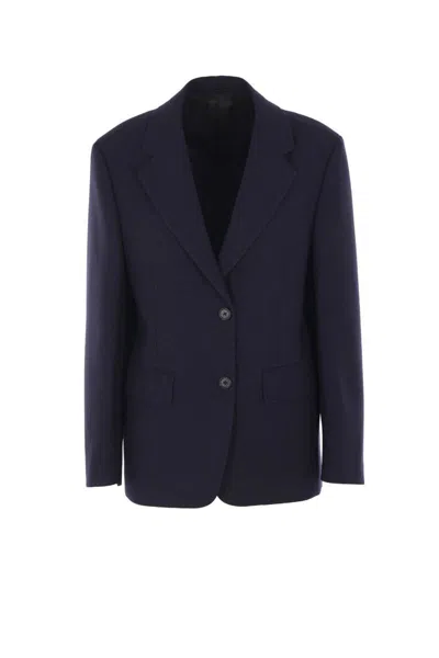 Prada Wool Blazer With Long Sleeves And Flap Pockets In Blue