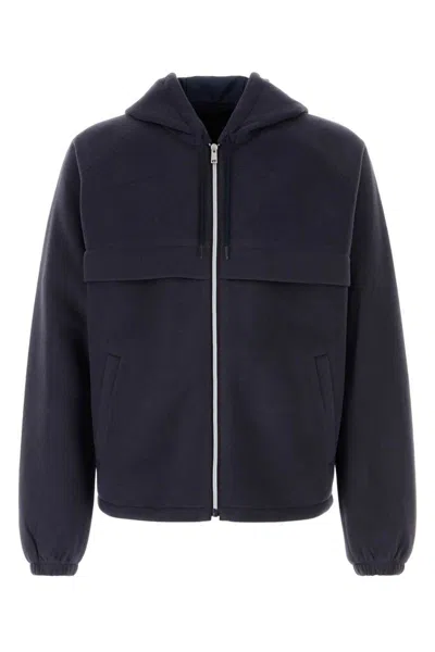 Prada Pile Hooded Jacket Long Sleeves Pockets In Blue