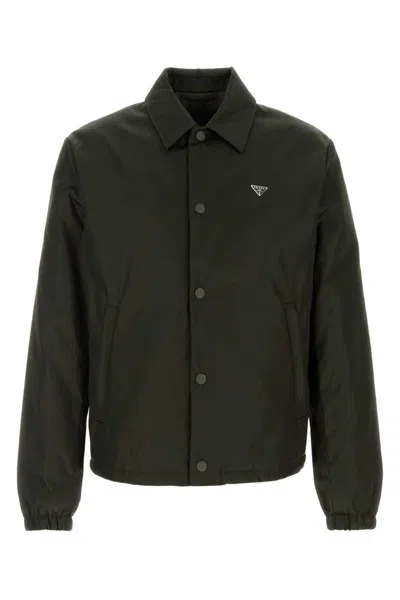 Prada Nylon Bomber Jacket Ribbed Collar Cuffs Hem In Green