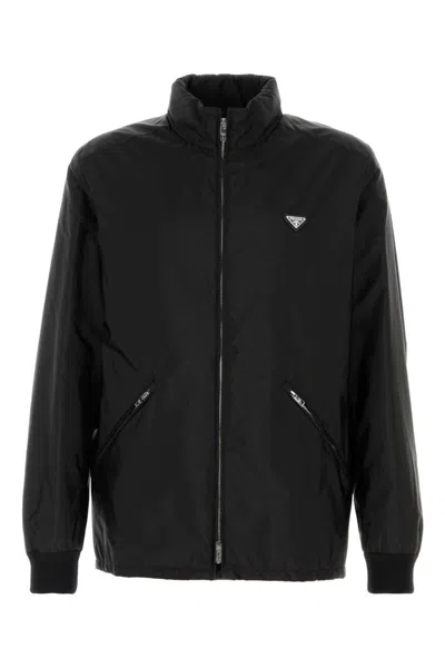 Prada Re Nylon Jacket High Collar Zip Pockets In Black