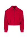 Prada Pocketed Collar Cropped Ribbed Jacket In Red
