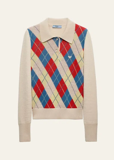 Prada Jacquard Argyle Polo Wool Sweater In Neutral