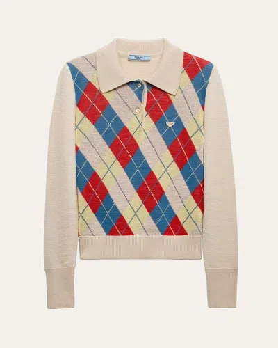 PRADA JACQUARD ARGYLE POLO WOOL SWEATER