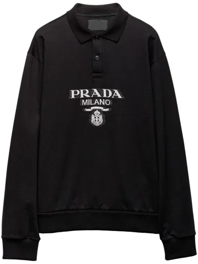 Prada Logo Print Long-sleeved Polo T-shirt In Black