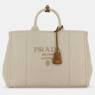 Pre-owned Prada Jardiniere Extra Large Naturale Linen Blend Calfskin Leather Tote Bag In Beige