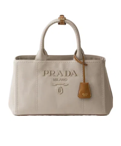 Prada Jardinière Large Cotton Canvas Handbag In Neutral