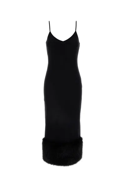 Prada Jersey Dress With Fur Trim And Slit In Black