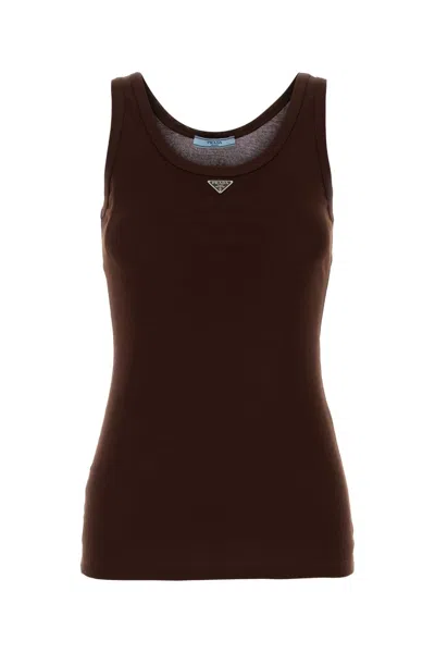 Prada Triangle-logo Ribbed-knit Tank Top In Brown