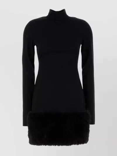 Prada Jersey Dress With Fur Trim And High Neckline In Black