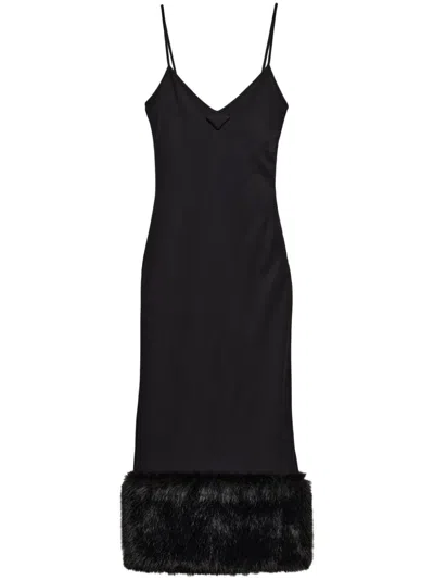 Prada Jersey Dress With Fur Trim And Slit In Black