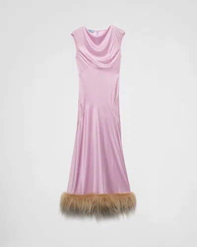 Prada Jersey Satin Dress With Feather In Primula