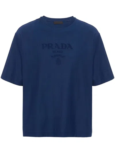 Prada Logo-appliqué Technical Cotton T-shirt In Bleu
