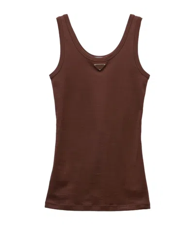 Prada Womens Brown Ribbed Enamelled-logo Cotton Knit Top