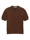 Prada Jewel Appliqued Ribbed Knit Sweater In Brown