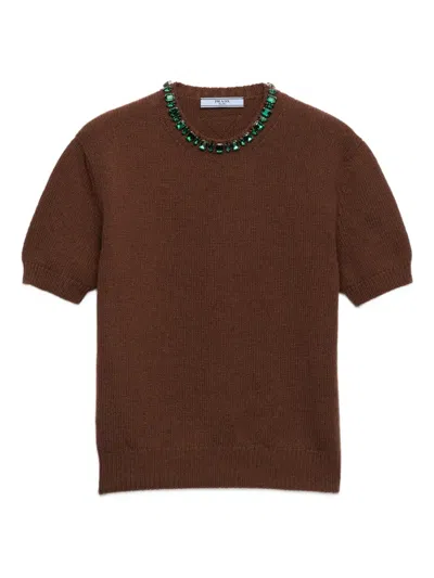 Prada Jewel Appliqued Ribbed Knit Sweater In Brown