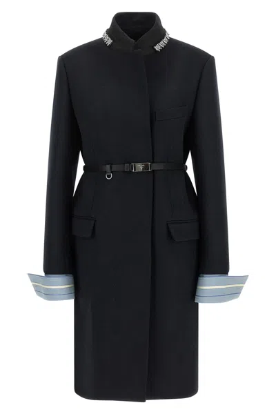 Prada Crystal Collar Wool Coat Layered Cuffs In Black