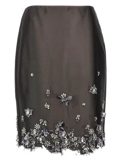 Prada Midi Skirt In Wool And Silk With Applications In Black