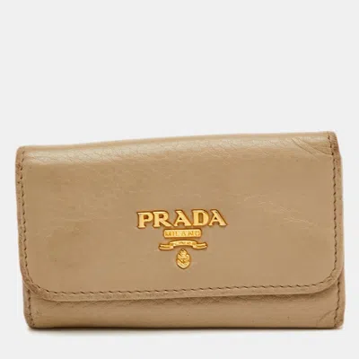 Pre-owned Prada Key Case Beige Leather 6 Hooks Key Holder In Sand