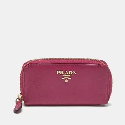 Pre-owned Prada Key Holder Fuchsia Vitello Daino Leather Zip Pouch In Pink