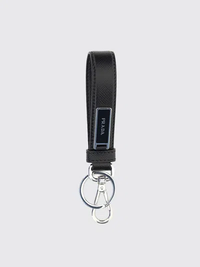 Prada Key Ring In Saffiano Leather With Applied Logo In Black