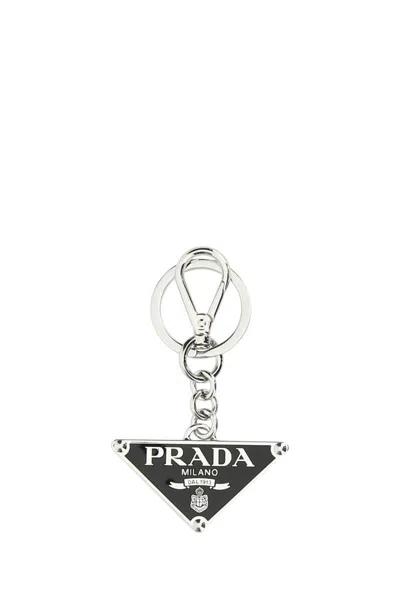 Prada Two-tone Leather And Metal Keychain In Silver