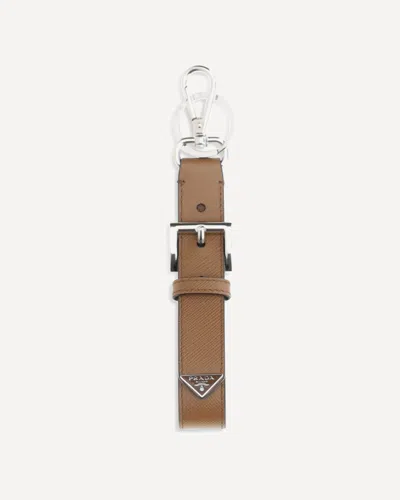 Prada Keyring In Saffiano Leather With Triangle Logo In Gold