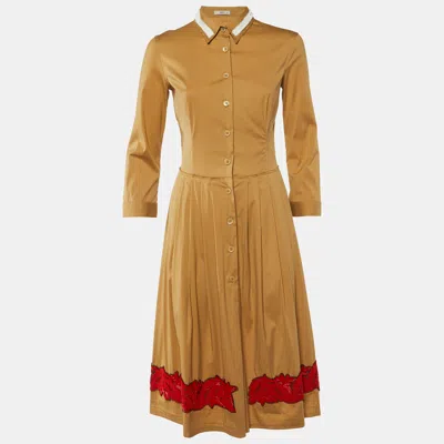 Pre-owned Prada Khaki Brown Stretch Cotton Embellished Detail Shirt Dress M