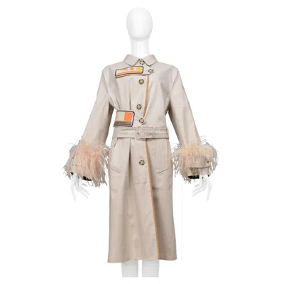 Pre-owned Prada Khaki Trench Coat With Velcro Patches And Feather Sleeves 2017 In Sand