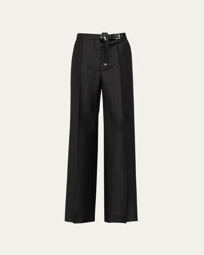 Prada Kid Mohair Leather Belted Trousers In Black