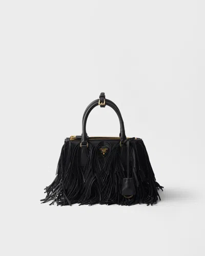 Prada Galleria Small Leather Bag With Fringe In Black