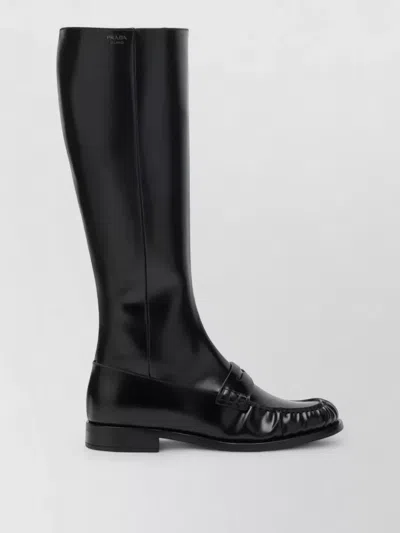 Prada Knee High Boots Round Toe Smooth Finish In Black
