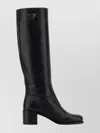Prada Knee-high Leather Block Heel Boots In Black