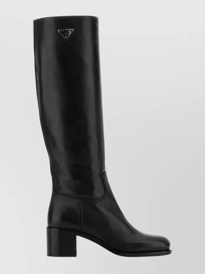 PRADA KNEE-HIGH LEATHER BLOCK HEEL BOOTS