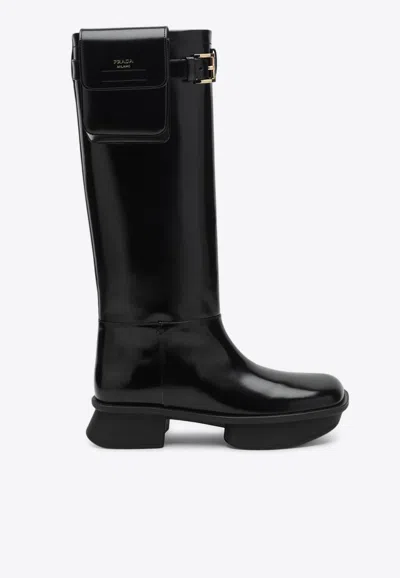 PRADA KNEE-HIGH LEATHER BOOTS WITH POUCH