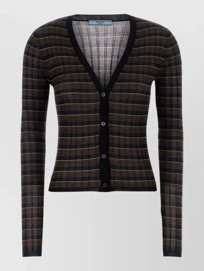 Prada Knit Cardigan Plaid Pattern V Neck In Brown