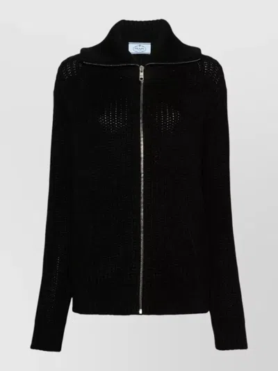 Prada Knit Jacket High Collar Long Sleeves Hem In Black