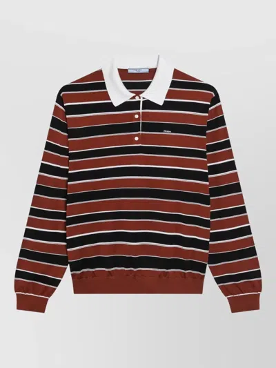 Prada Knit Polo Collar Striped Sweater Ribbed Trim In Multi