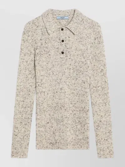 Prada Knit Polo Shirt Long Sleeve Ribbed In Neutral